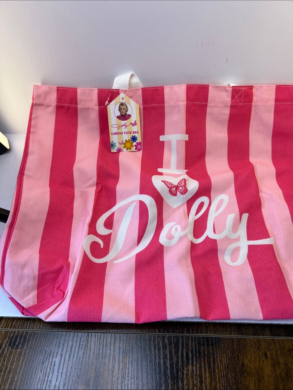 Rare Dolly Parton - Pink and Light Pink Striped Canvas Tote Bag. NWT